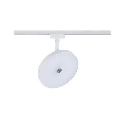 Round white LED track light with matte diffuser and metal accent for modern indoor lighting