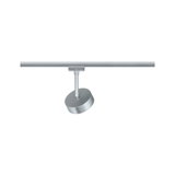 Moderner silberner LED-Strahler aus Metall an Schienensystem für flexible Raumbeleuchtung