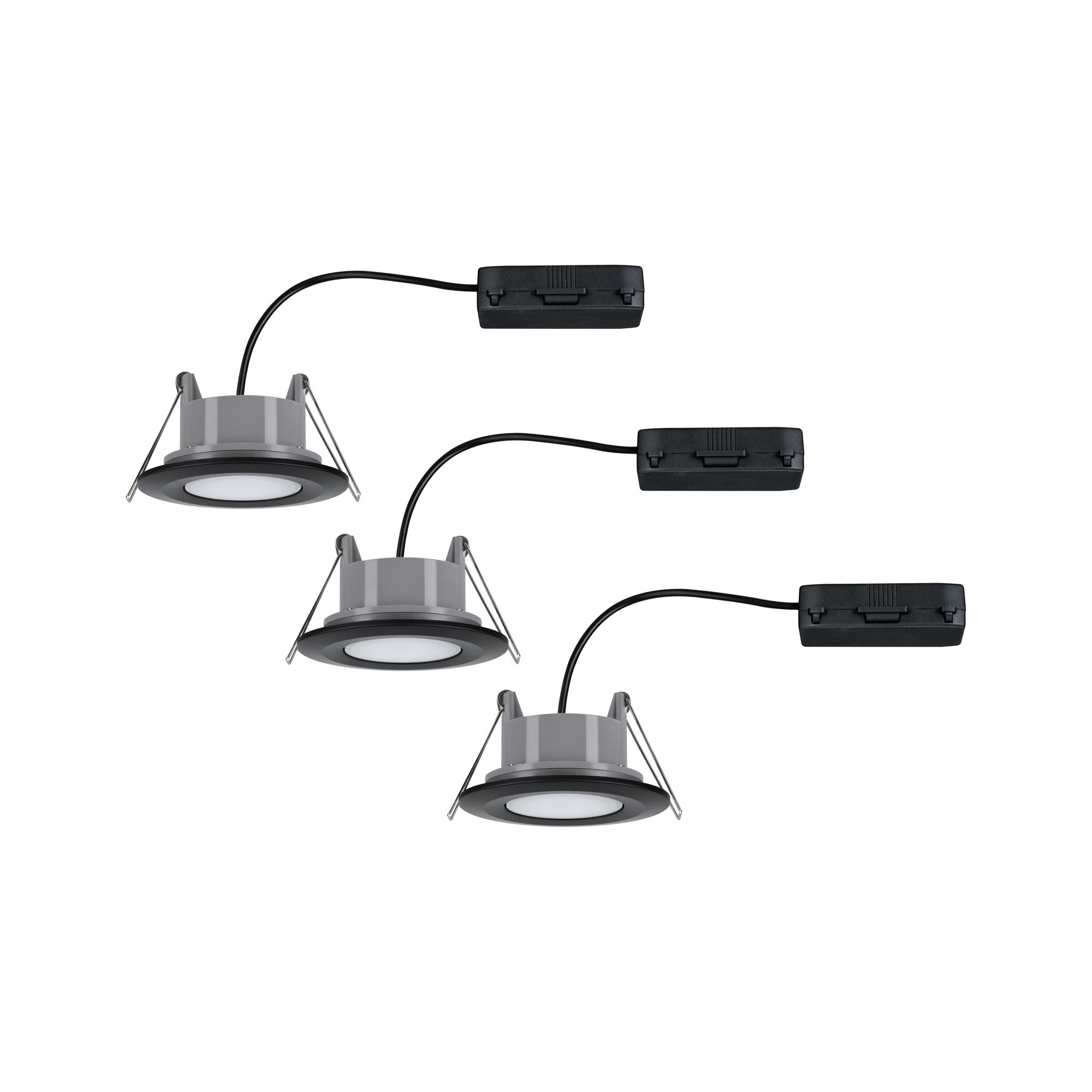 Trois spots encastrés LED ronds gris avec bord noir et câble pour éclairage intérieur