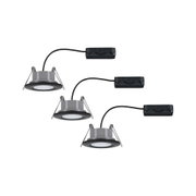 Three round grey LED recessed spotlights with black trim and cable for indoor lighting solutions