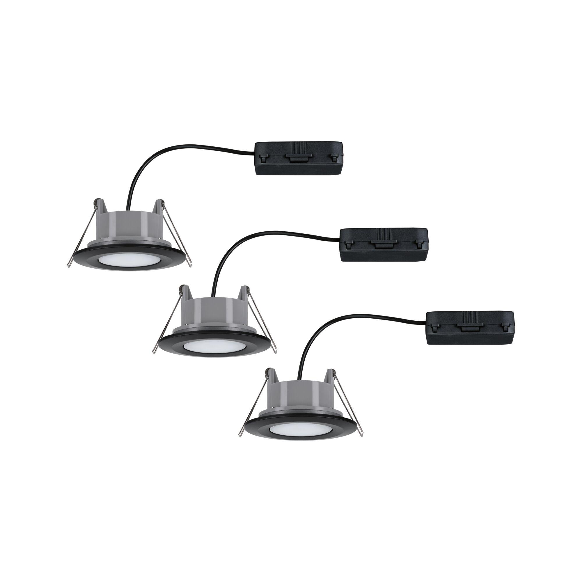 Three round grey LED recessed spotlights with black trim and cable for indoor lighting solutions
