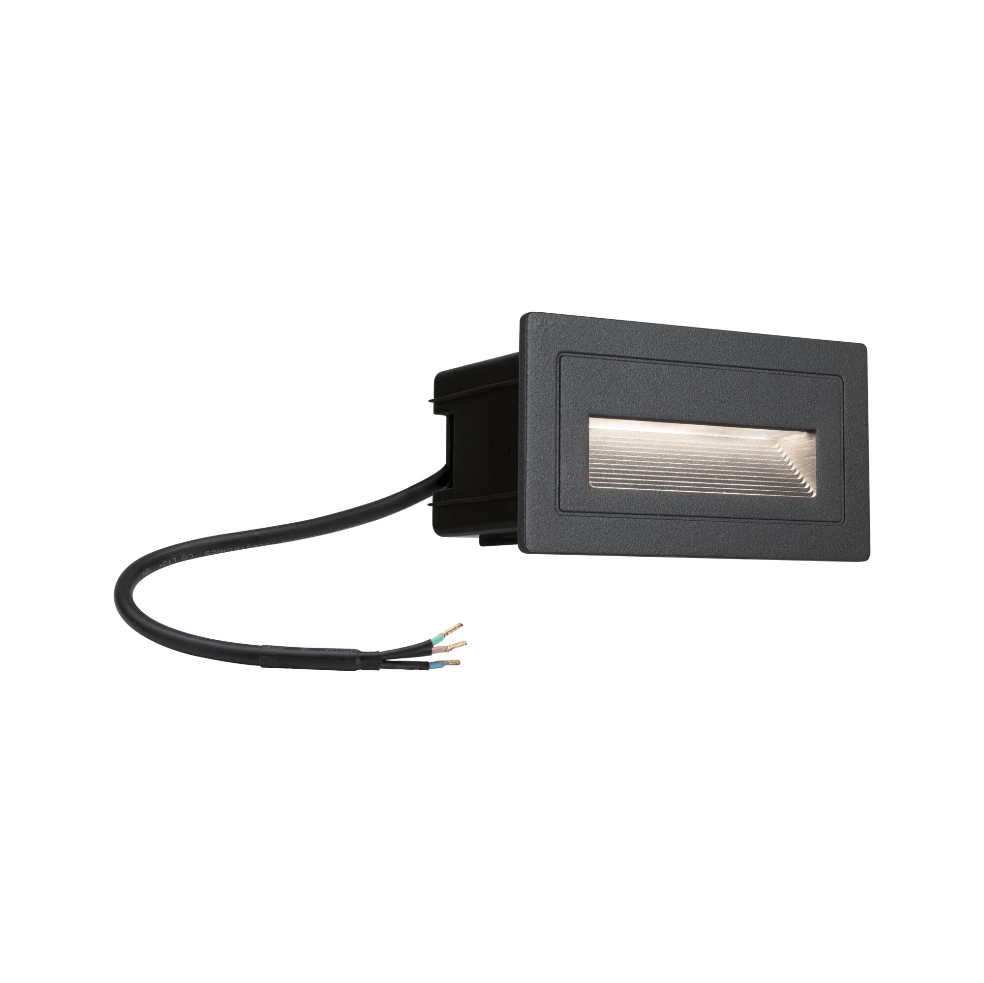 Black rectangular LED recessed light with cable, suitable for modern indoor lighting solutions