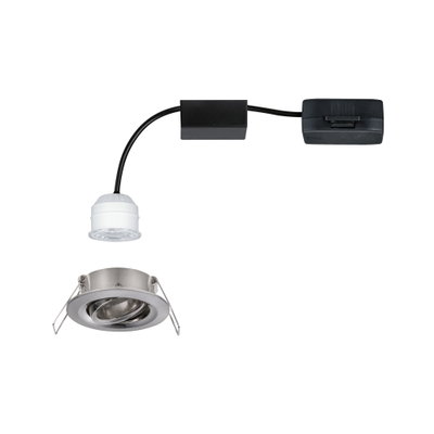 Brushed stainless steel LED recessed spotlight with black cable and white lamp holder