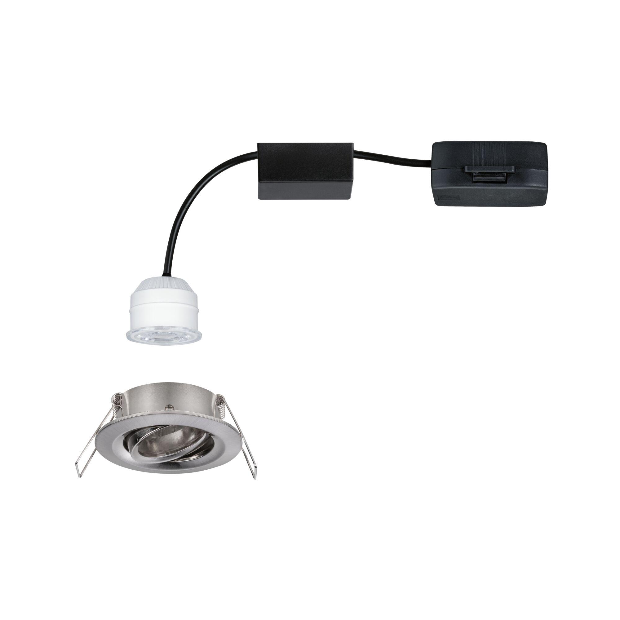 LED-Einbaustrahler aus gebürstetem Edelstahl mit schwarzem Kabel und weißem Lampenhalter