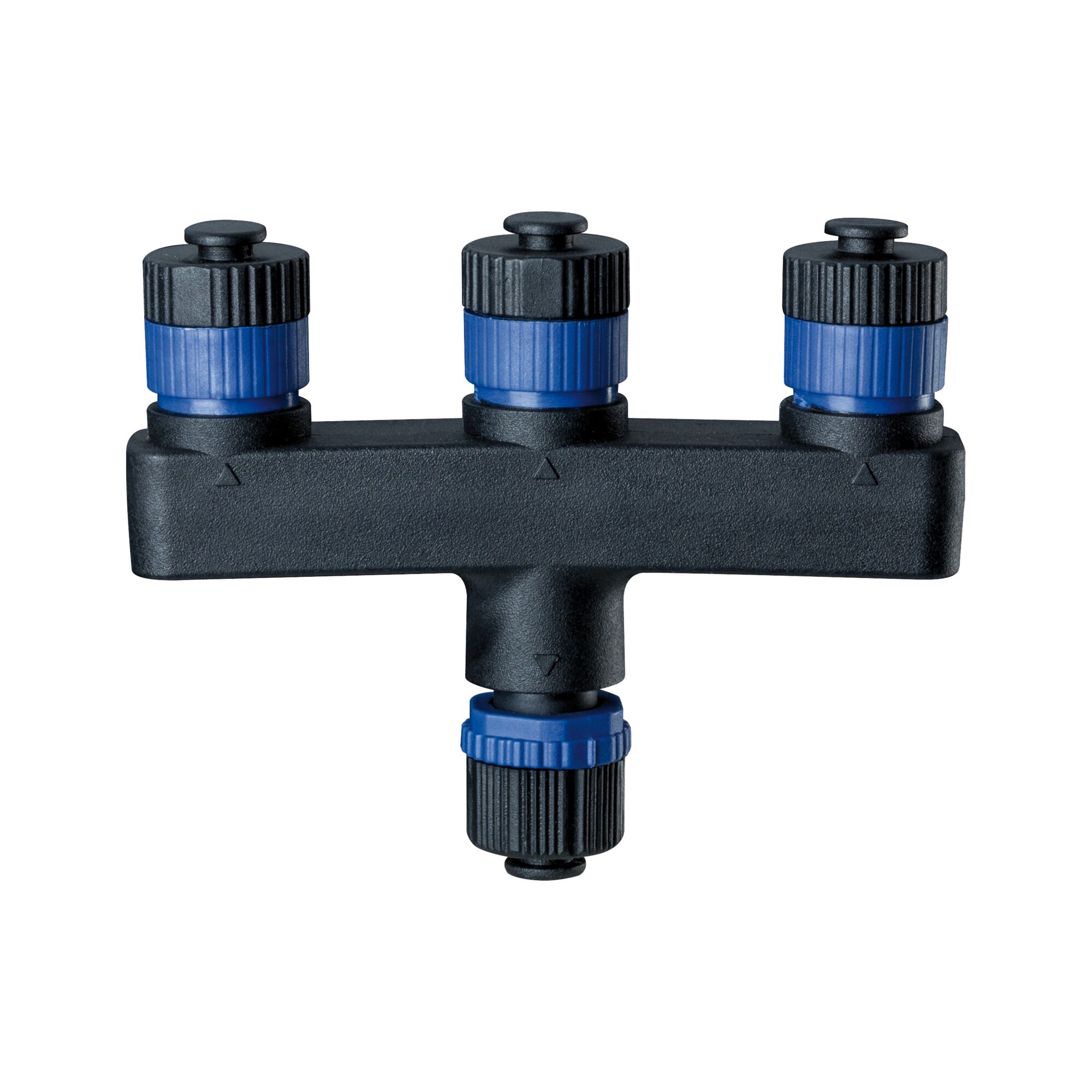 Black plastic connector with blue screw caps for electrical wiring and connections