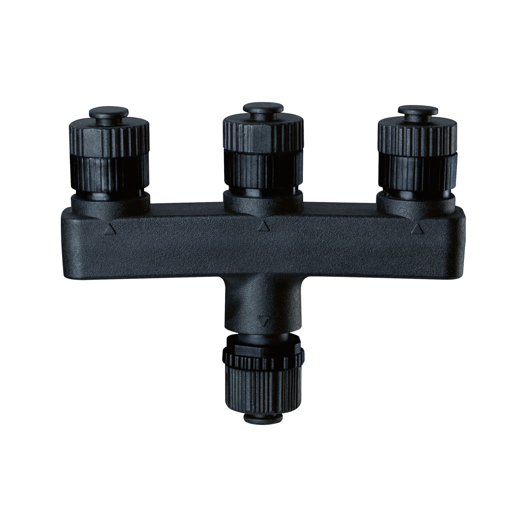 Plug & Shine Verteiler 3 Ausgänge IP68 Schwarz Schwarzer Kunststoff-Verteiler mit vier Anschlüssen für LED-Beleuchtungssysteme und Kabelverbindungen