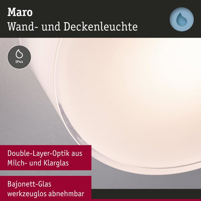 Maro Wand- und Deckenleuchte aus Milch- und Klarglas mit IP44 Schutz für Badezimmerbeleuchtung
