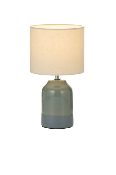 Modern table lamp with green ceramic base and cream fabric shade for ambient home lighting