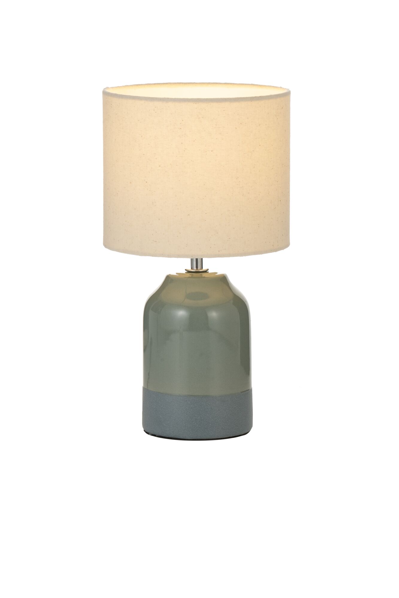 Tafellamp met groene keramische voet en beige stoffen kap voor sfeervolle verlichting