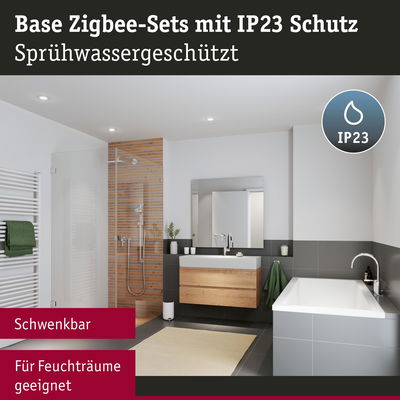 Modernes Badezimmer mit IP23 geschützten, schwenkbaren LED-Spots für Feuchträume in Grau und Holzoptik