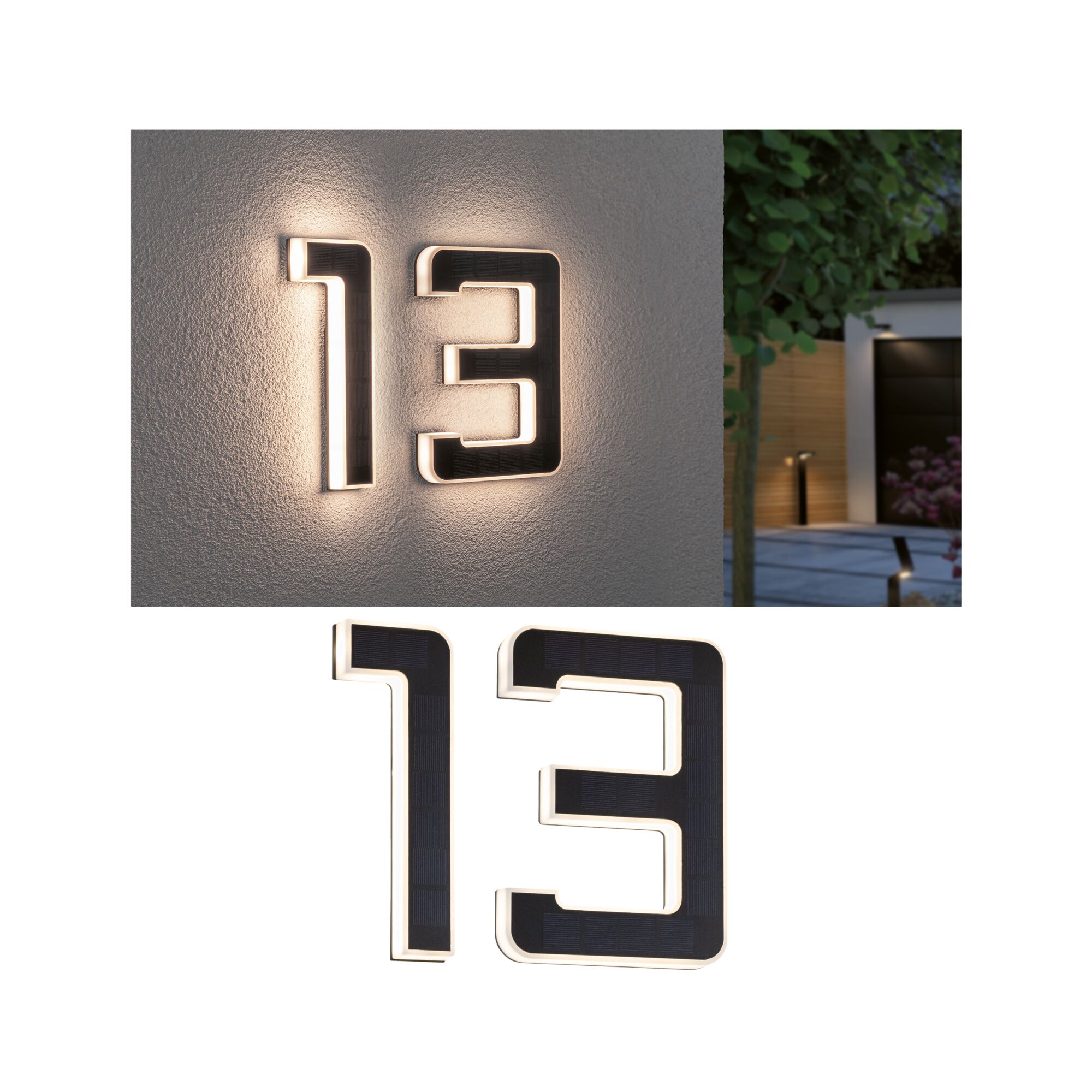 Zestaw Solar LED Oświetlenie numeru domu wraz z wymienną baterią Numer 13 3000K 2x6lm 2x0,2W Czarny Modern house number 13 in black material with white LED lighting for outdoor use.
