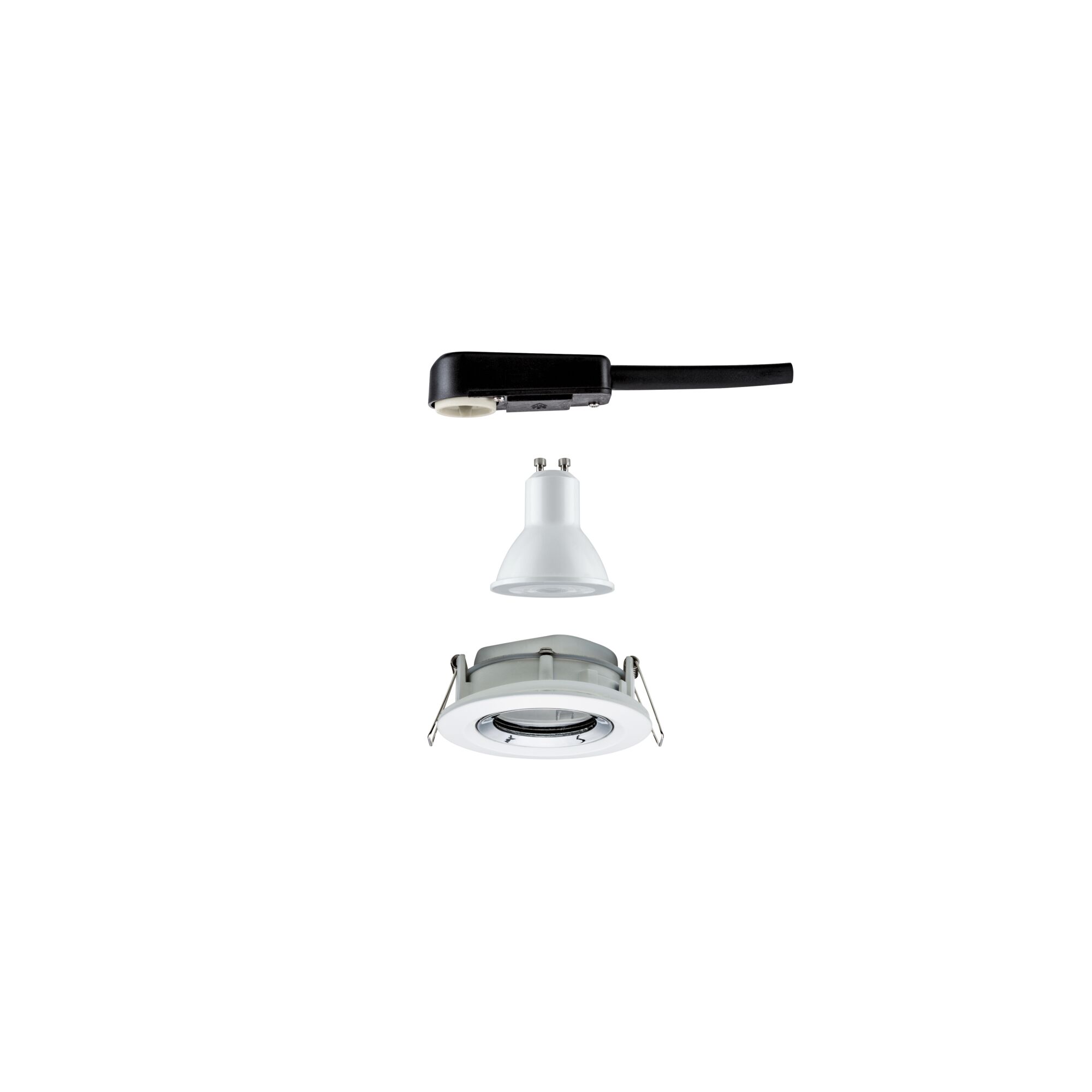 Exploded view of white LED recessed spotlight set with socket and black cable connector