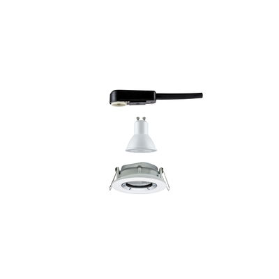 Exploded view of white LED recessed spotlight set with socket and black cable connector