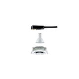 Explosionszeichnung eines weißen LED-Einbaustrahler-Sets mit Fassung und schwarzem Kabelanschluss