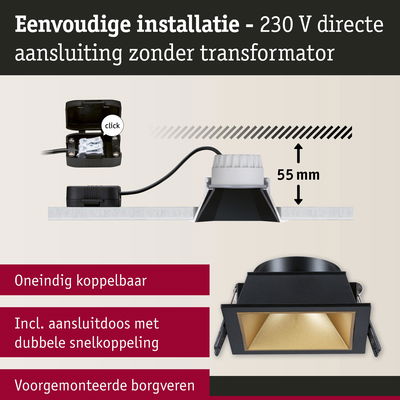 Zwarte inbouwspot met gouden reflector, 55 mm inbouwdiepte, eenvoudige 230 V directe aansluiting zonder transformator