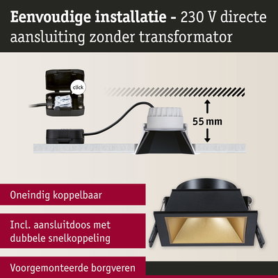 Zwarte inbouwspot met gouden reflector, 55 mm inbouwdiepte, eenvoudige 230 V directe aansluiting zonder transformator
