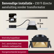 Zwarte vierkante inbouwspot met gouden reflector, 55 mm inbouwdiepte, eenvoudige 230 V directe aansluiting