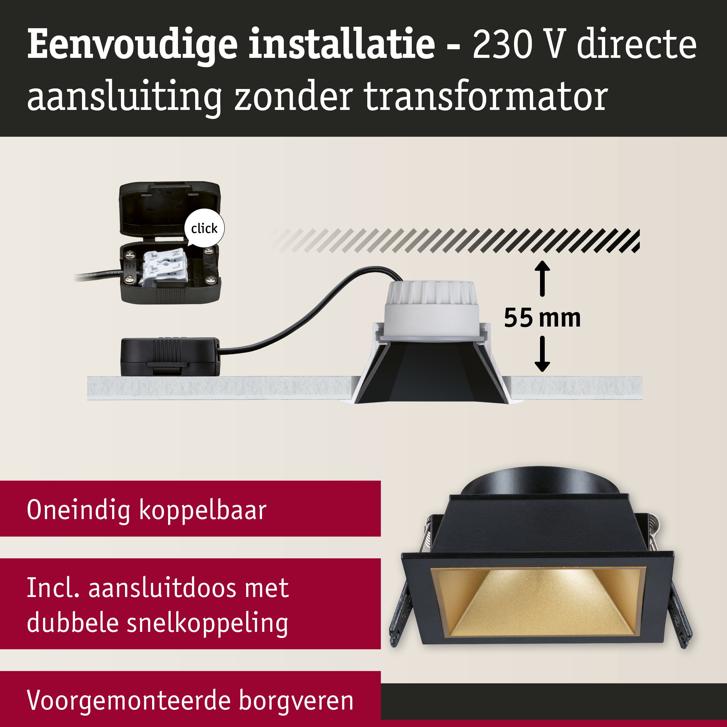 Zwarte vierkante inbouwspot met gouden reflector, 55 mm inbouwdiepte, eenvoudige 230 V directe aansluiting