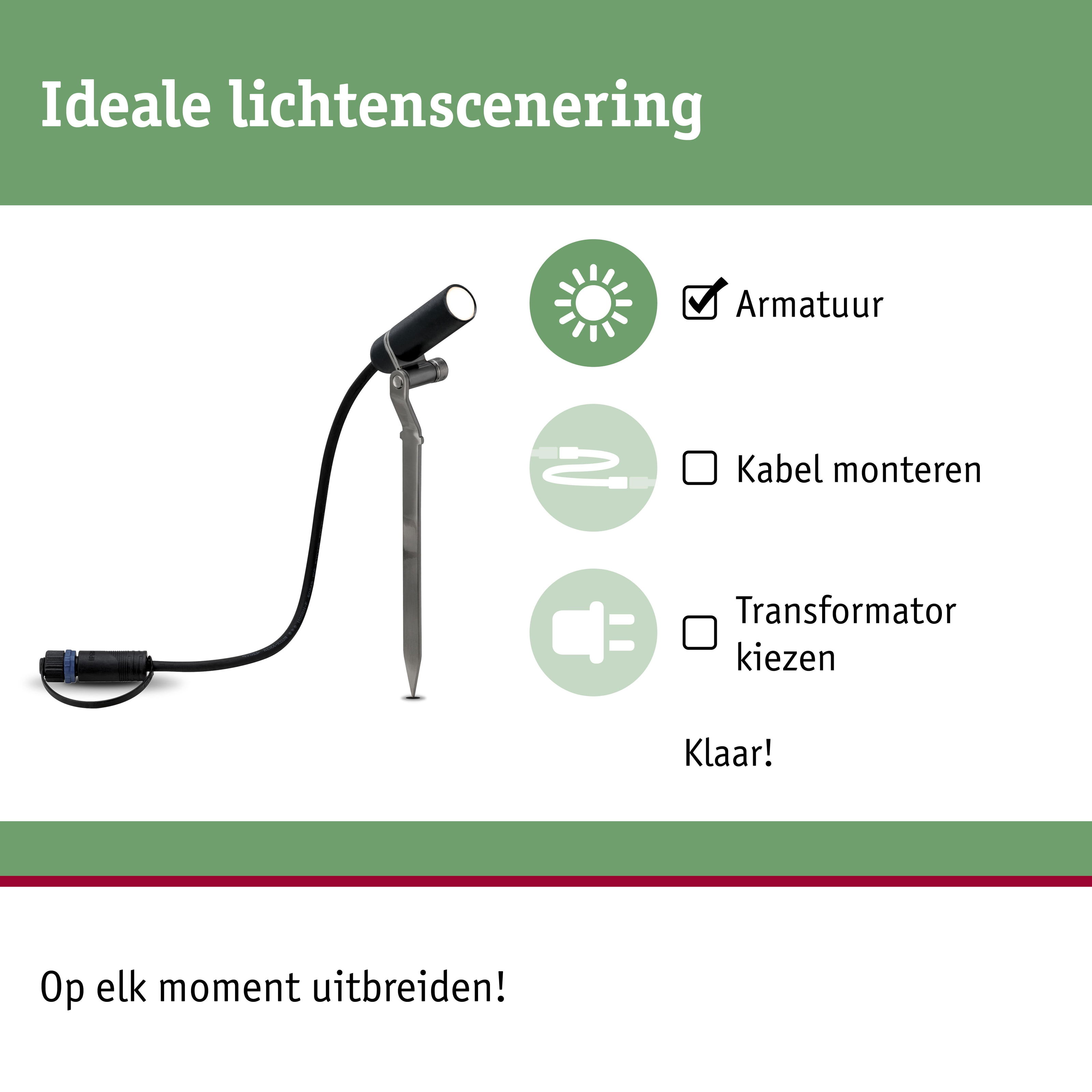 Zwarte LED-tuinschijnwerper met grondpen en kabelconnector voor eenvoudige buitenverlichting
