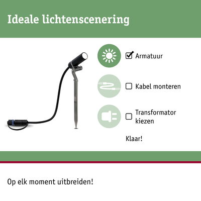 Zwarte LED-tuinschijnwerper met grondpen en kabelconnector voor eenvoudige buitenverlichting