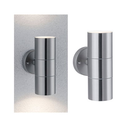 Moderner Edelstahl-Wandleuchter mit zylindrischem Design und Up-Down-Licht für Außenbeleuchtung.