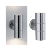 Modern stainless steel wall light with cylindrical shape and up-down lighting for outdoor use.