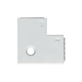 White plastic L-shaped connector piece with arrow markings for LED track lighting