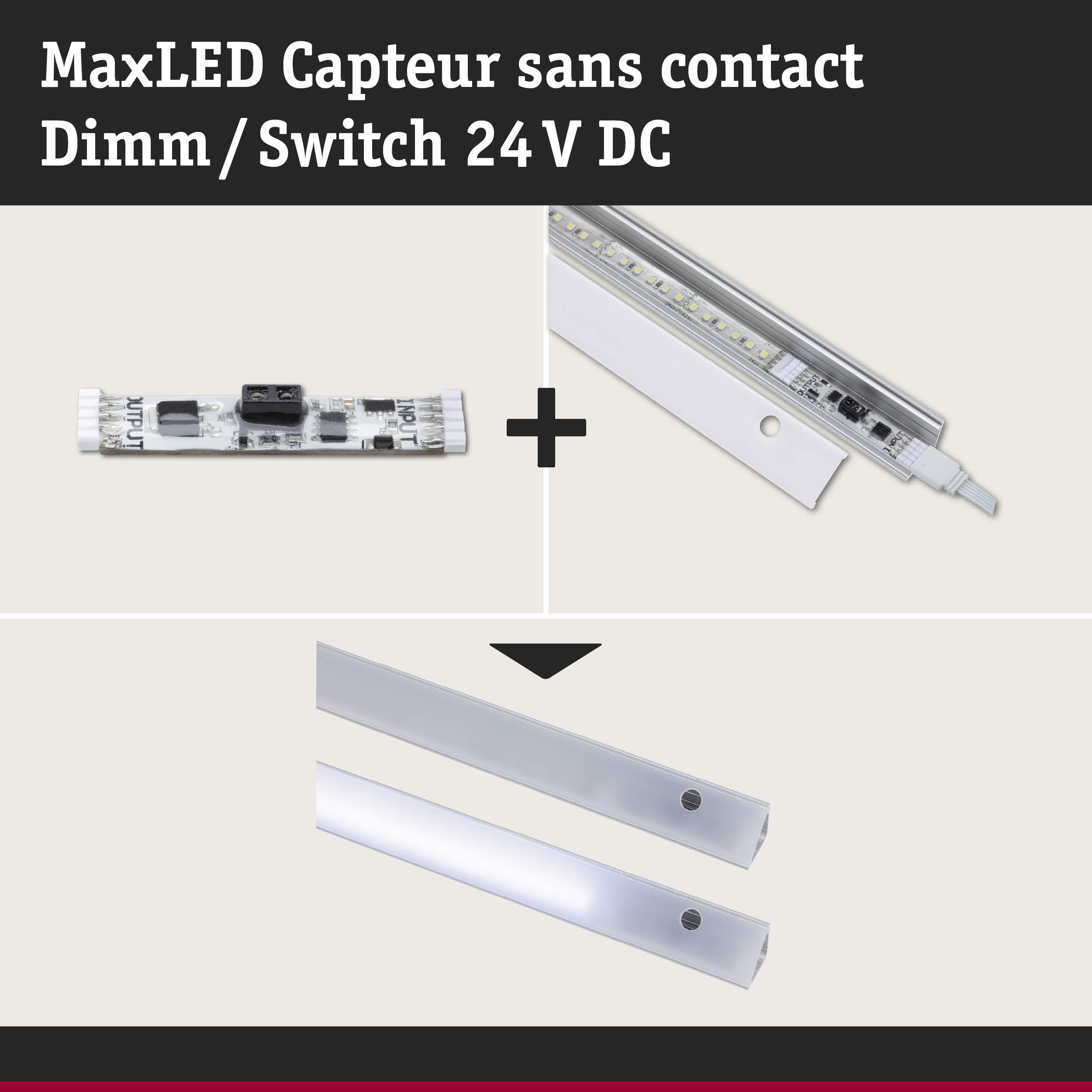 Capteur sans contact MaxLED pour gradation et commutation 24 V DC avec profilé LED aluminium blanc
