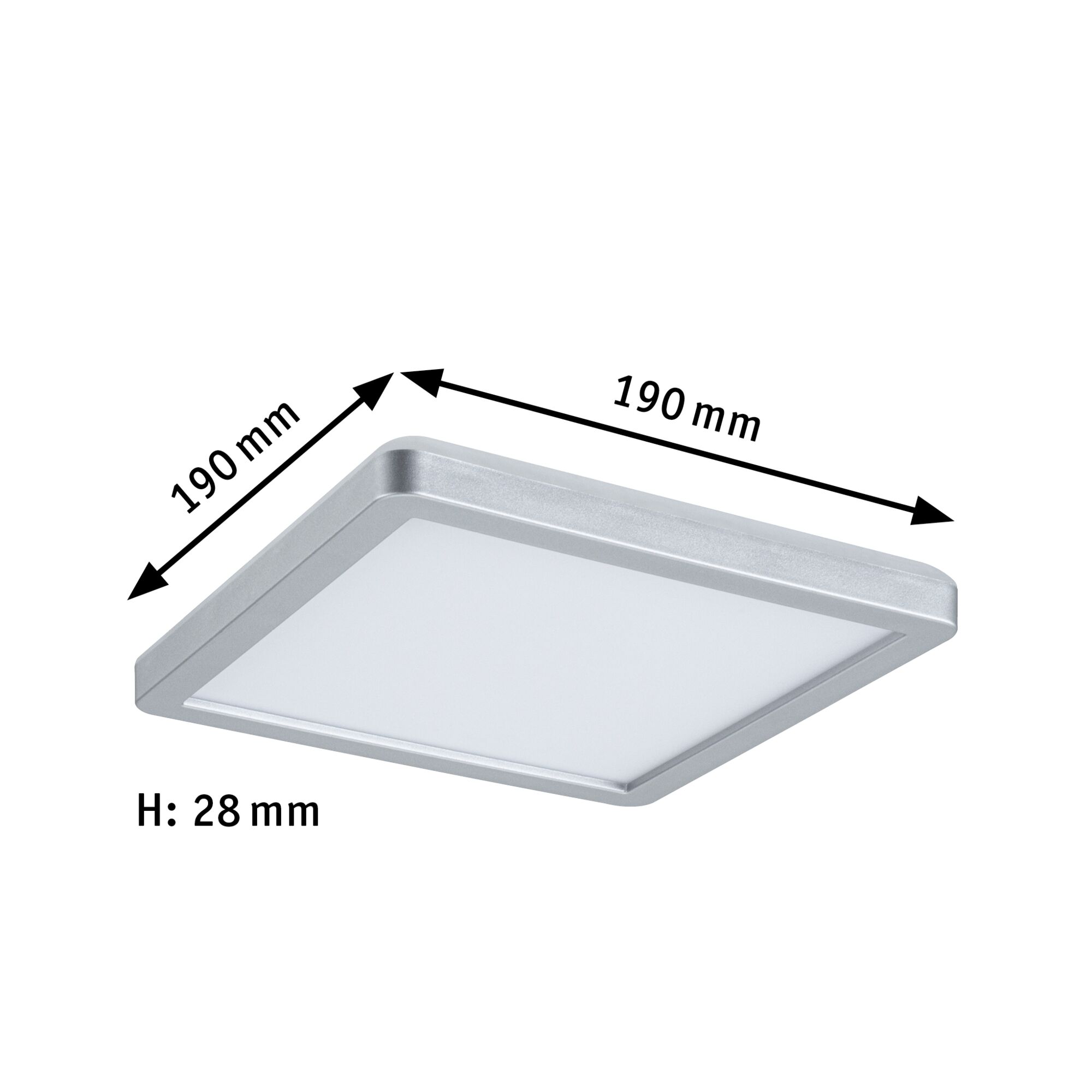 Square silver aluminum LED ceiling light, 190x190 mm, slim design with 28 mm height