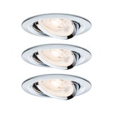 Three adjustable chrome recessed spotlights with warm white LED light for modern room lighting