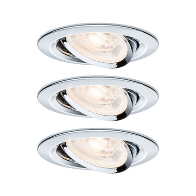 Three adjustable chrome recessed spotlights with warm white LED light for modern room lighting