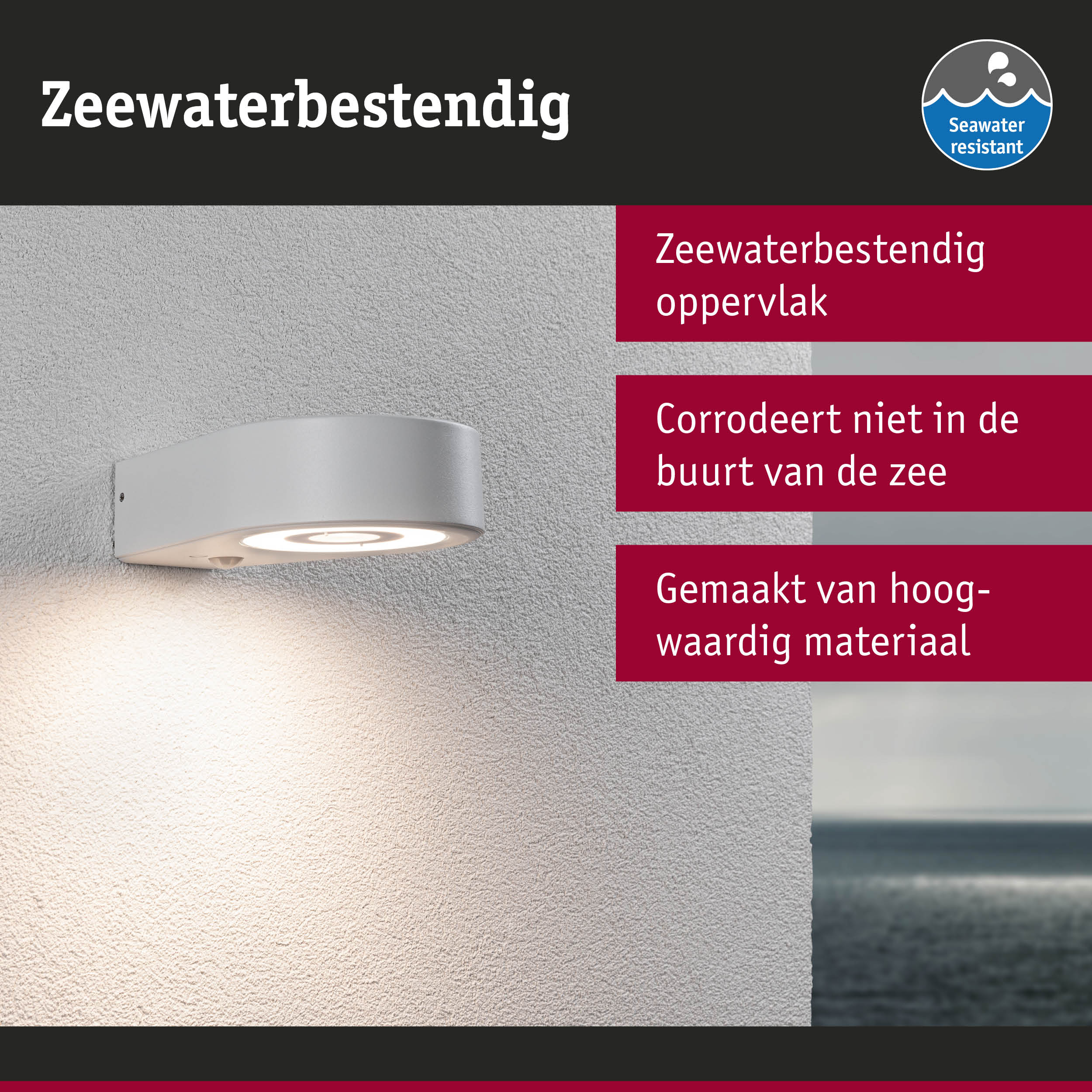 Wandlamp van hoogwaardig materiaal met zeewaterbestendige grijze aluminium behuizing en LED-licht
