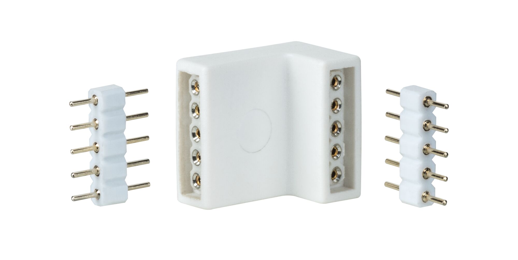 White plastic right-angle connector with metal pins for LED strip lighting, electrical connection.