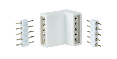 White plastic right-angle connector with metal pins for LED strip lighting, electrical connection.