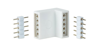 Witte kunststof hoekconnector met metalen pinnen voor LED-stripverlichting, elektrische aansluiting.