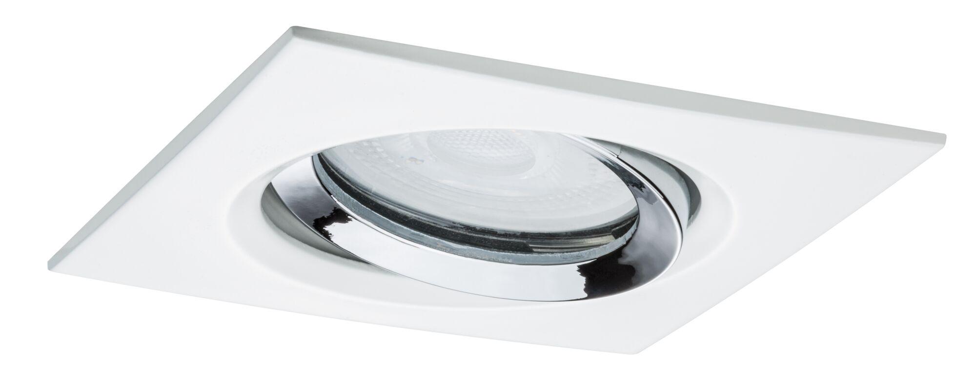 Square white recessed spotlight with adjustable chrome reflector for LED lighting in modern interiors