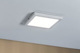 Square white metal LED ceiling light with warm white illumination for living spaces