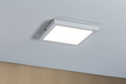 Square white metal LED ceiling light with warm white illumination for living spaces