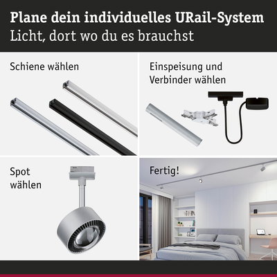 Anleitung zur Planung eines URail-Systems mit Schienen, Einspeisung, Verbindern und Spot in modernem Schlafzimmer