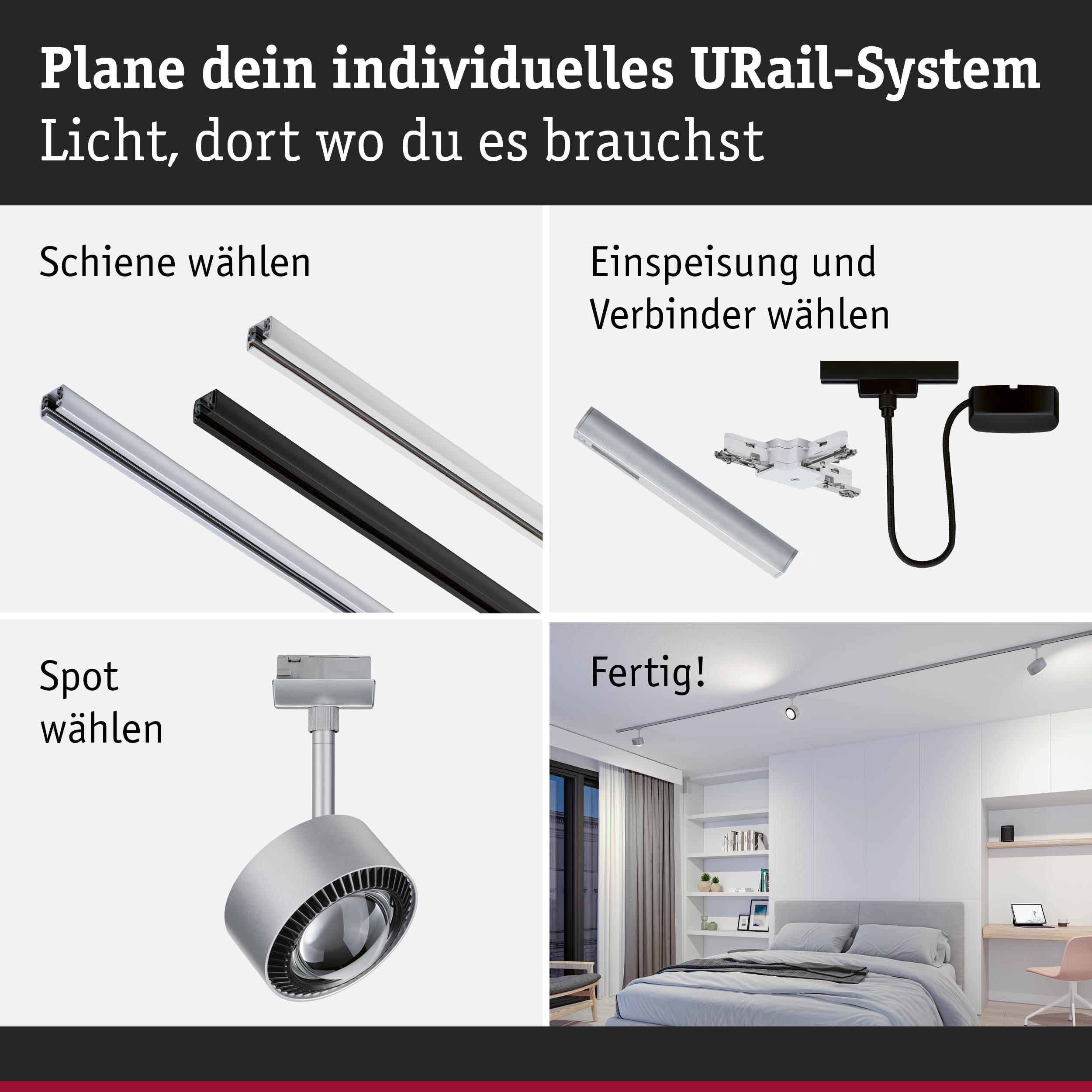 Anleitung zur Planung eines URail-Systems mit Schienen, Einspeisung, Verbindern und Spot in modernem Schlafzimmer