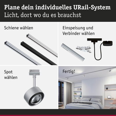 Anleitung zur Planung eines URail-Systems mit Schienen, Einspeisung, Verbindern und Spot in modernem Schlafzimmer