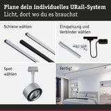 Anleitung zur Planung eines URail-Systems mit Schienen, Einspeisung, Verbindern und Spot in modernem Schlafzimmer