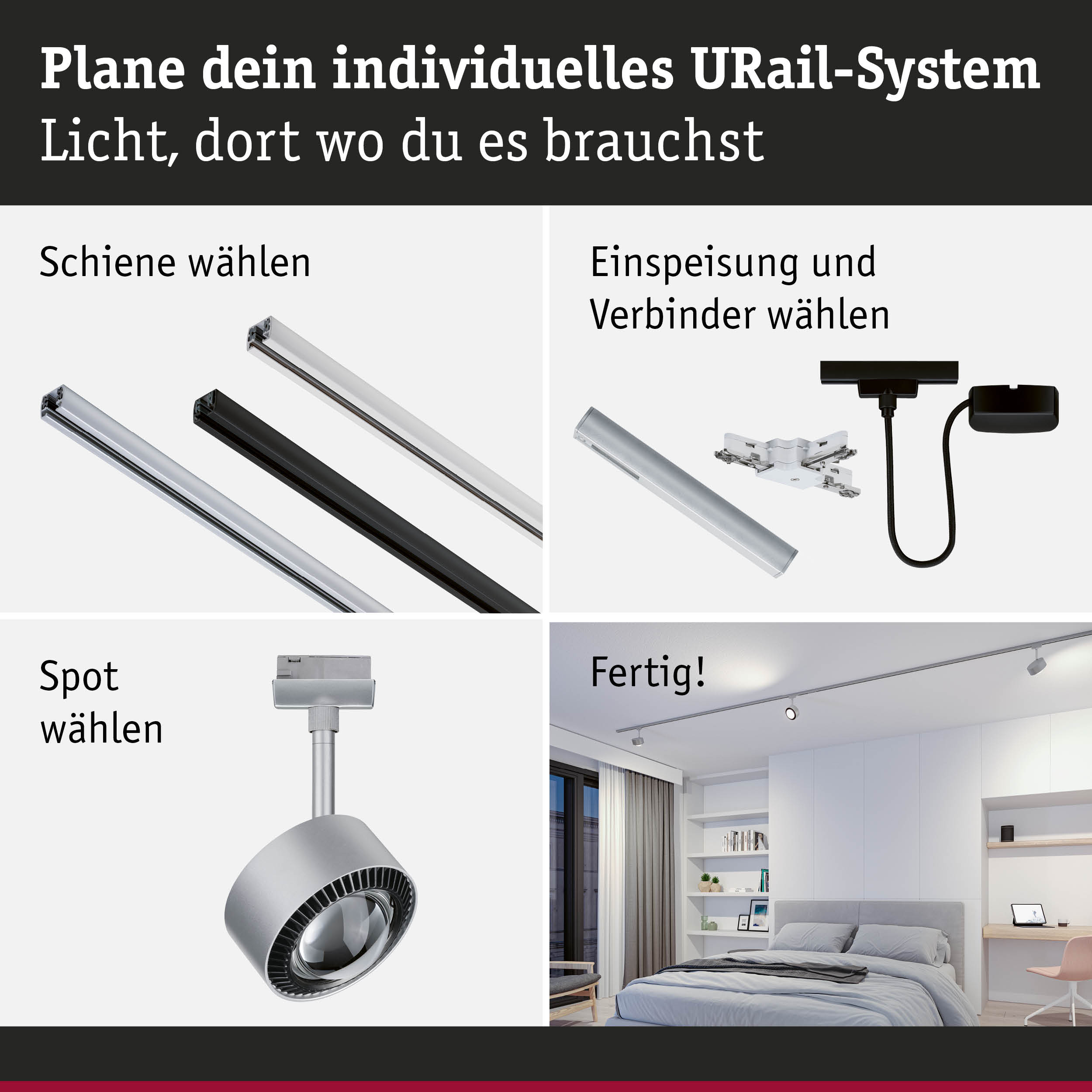 Modulares URail-Schienensystem in Schwarz und Weiß mit Spots und Verbindern für individuelle Lichtplanung
