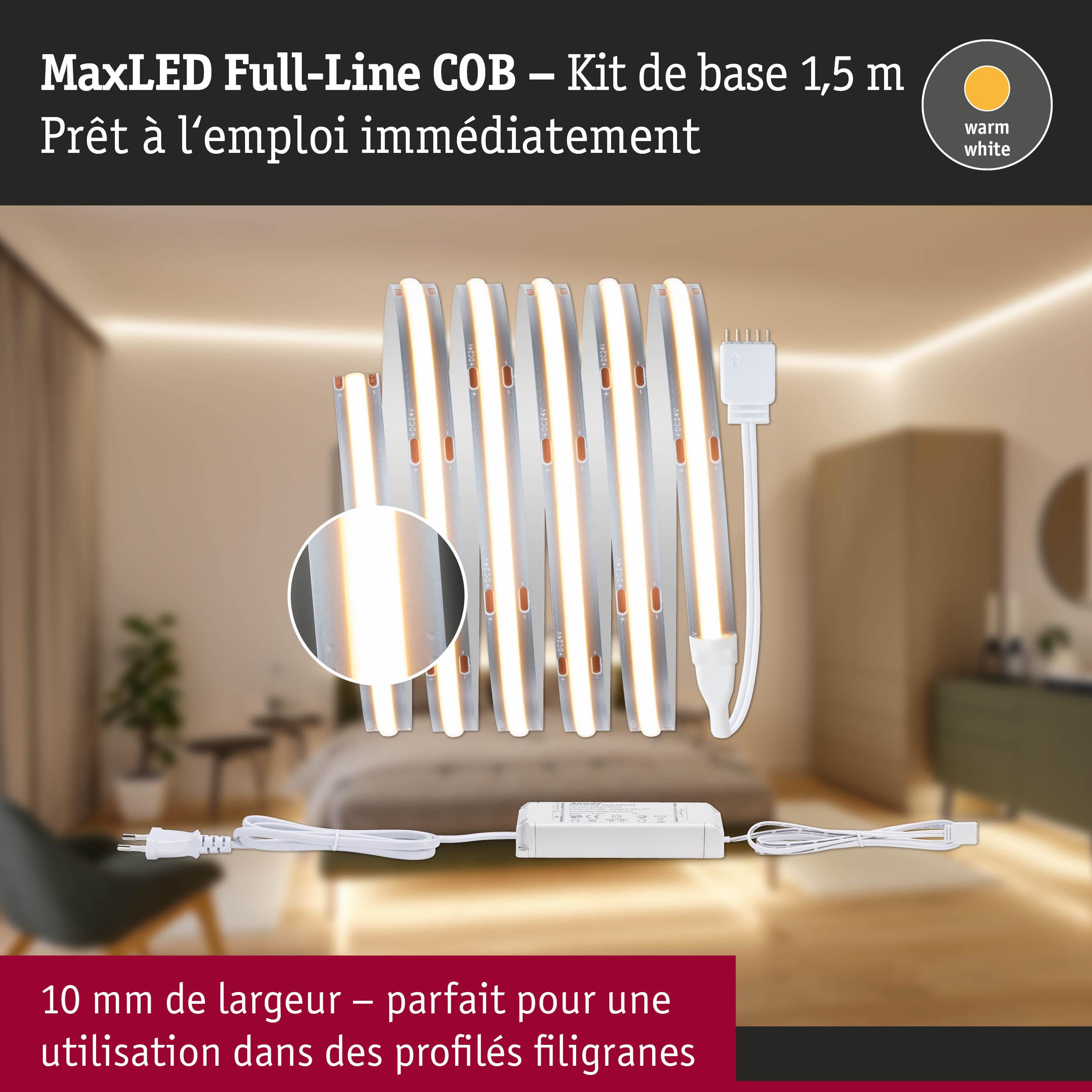 Kit MaxLED Full-Line COB 1,5 m avec lumière blanc chaud et alimentation pour éclairage de profilés fins