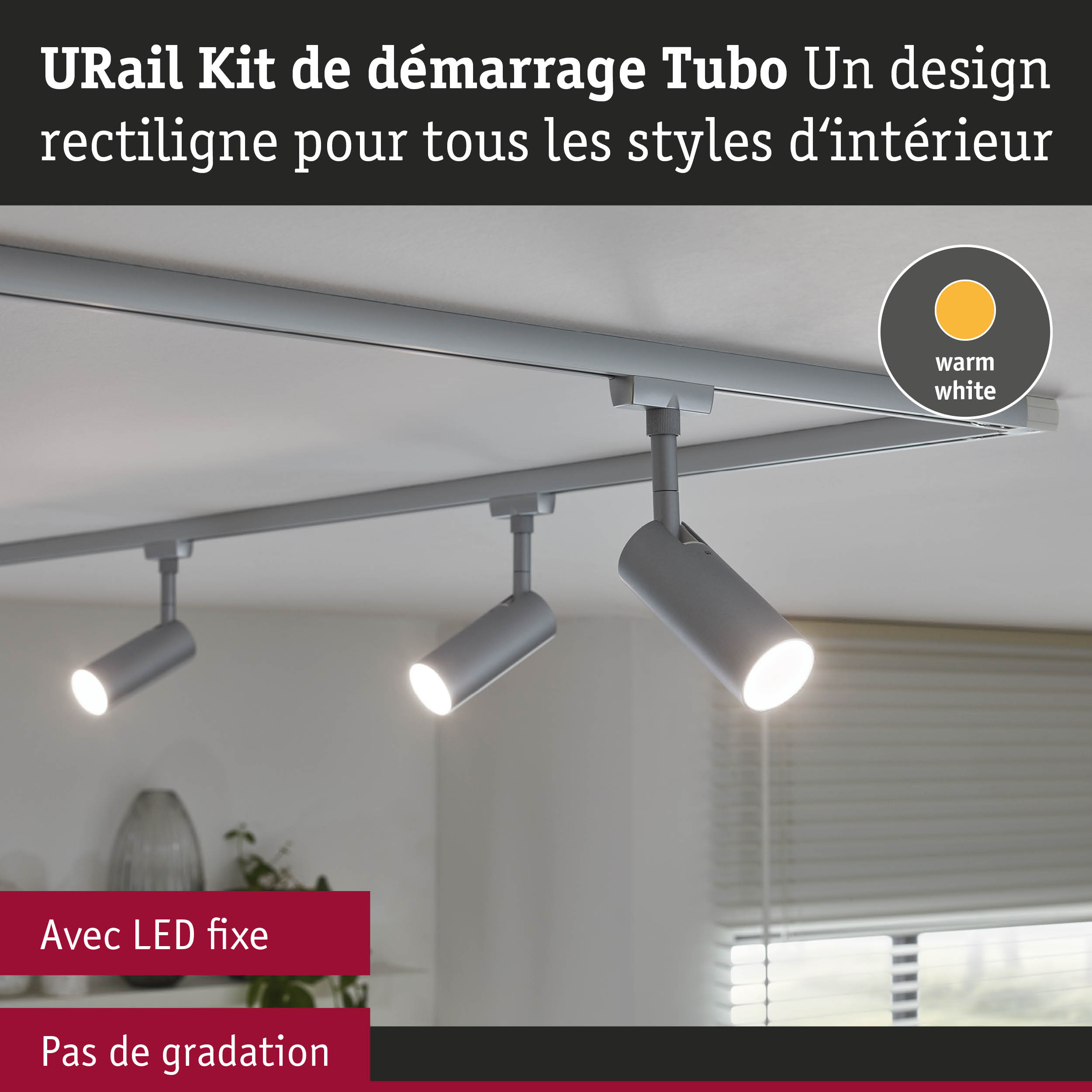 Kit de démarrage URail Tubo gris au design rectiligne, spots LED fixes avec lumière blanc chaud