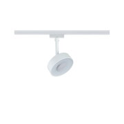 Moderner weißer LED-Strahler aus Metall an Schienensystem für flexible Raumbeleuchtung
