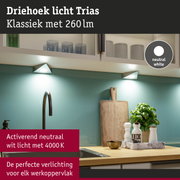 Witte driehoekige LED-onderbouwlamp met neutraal wit licht voor keukenwerkbladen