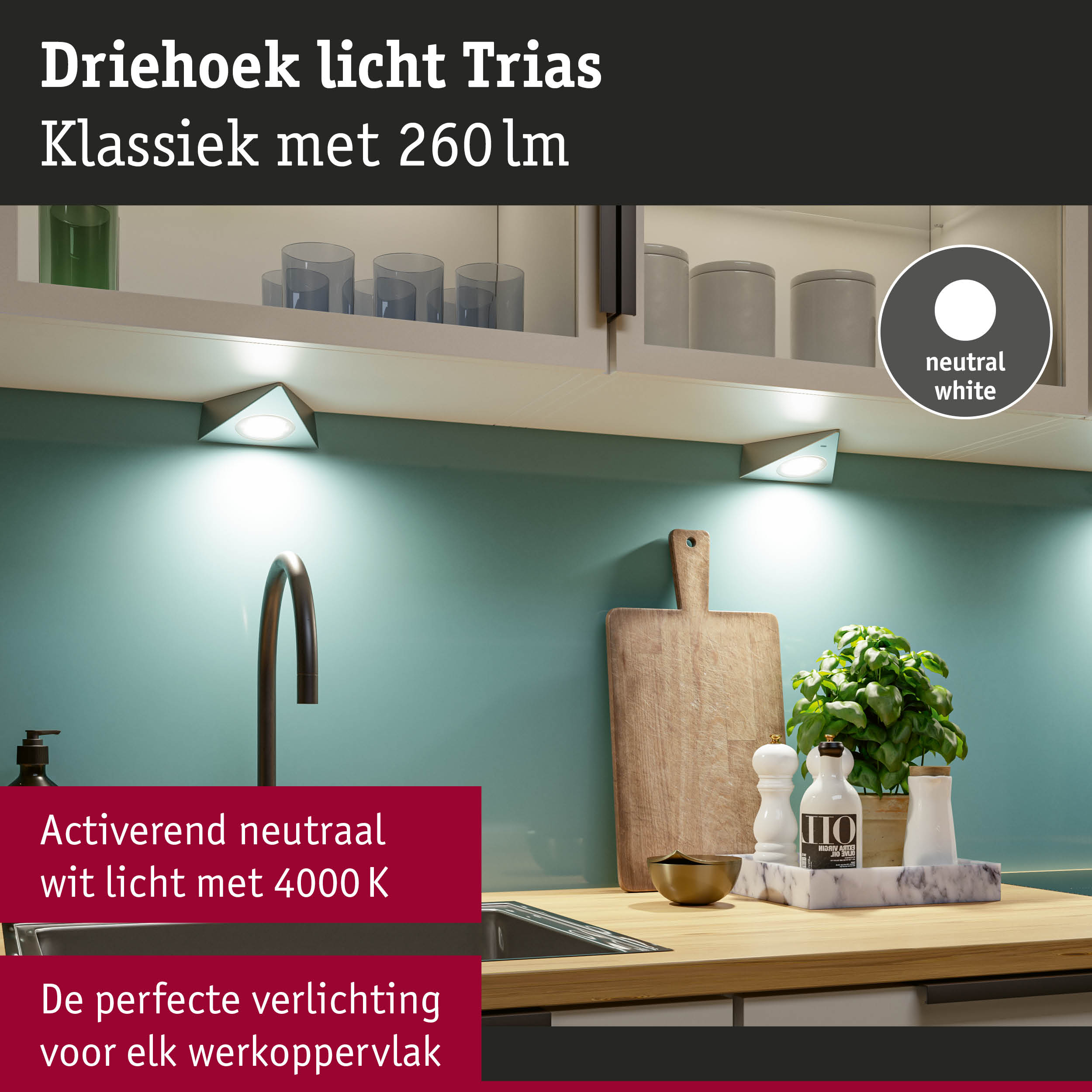 Witte driehoekige LED-onderbouwlamp met neutraal wit licht voor keukenwerkbladen