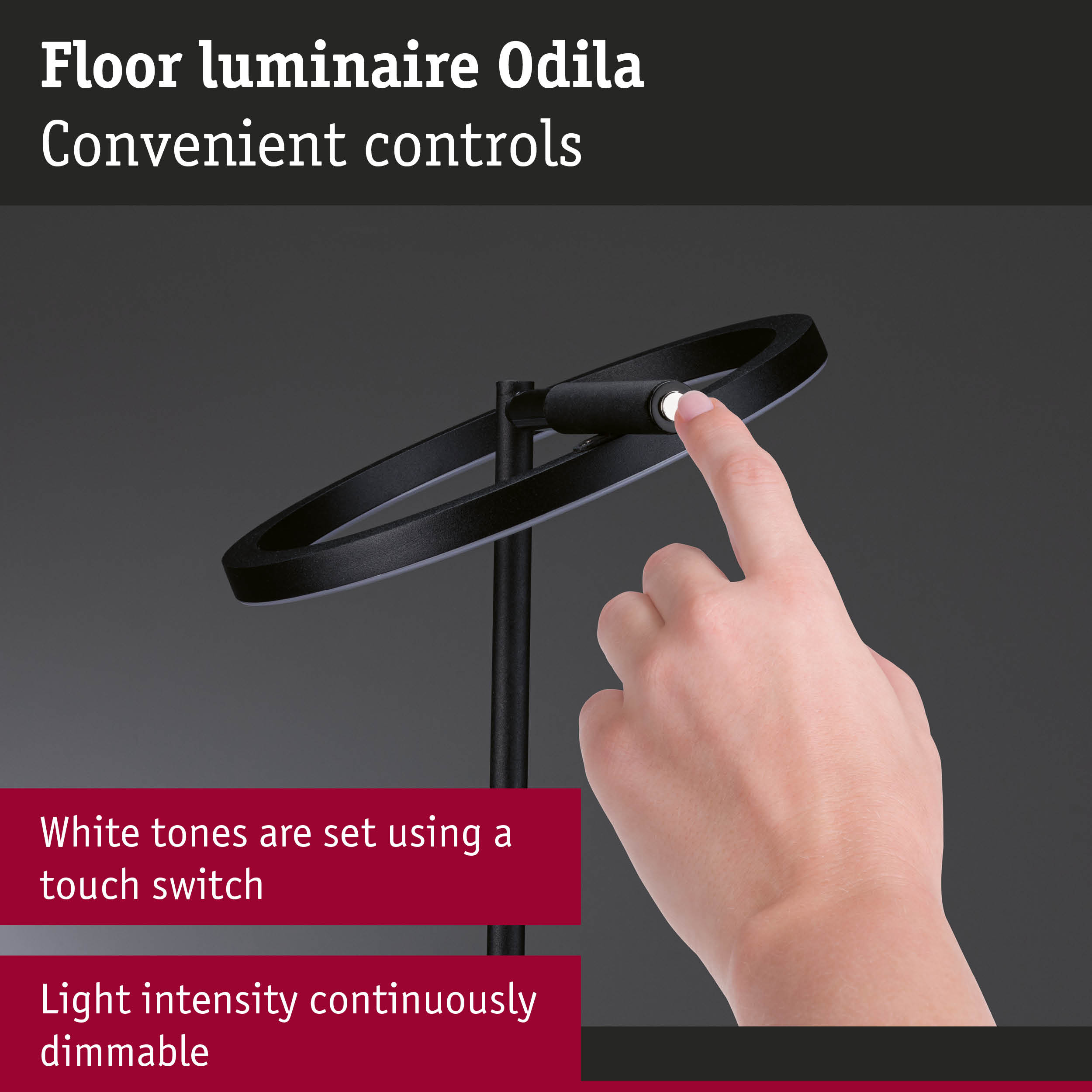 Black Odila floor lamp with touch switch and continuously dimmable light intensity