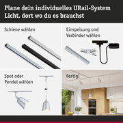 Modulares URail-Schienensystem in Schwarz und Weiß mit Steckverbindern und Pendelleuchten für flexible Beleuchtung